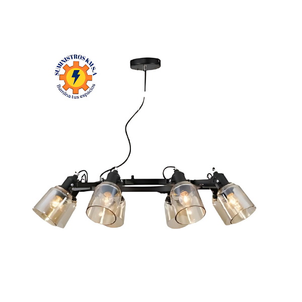 Lámpara colgante LED industrial con 8 focos de vidrio ámbar y estructura negra 1 Lámpara colgante LED industrial con 8 focos de vidrio ámbar y estructura negra