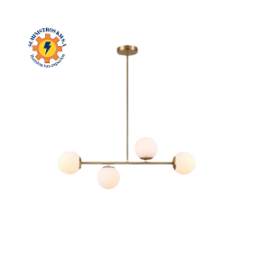 Lámpara colgante LED con 4 esferas de vidrio opalino y acabado dorado
